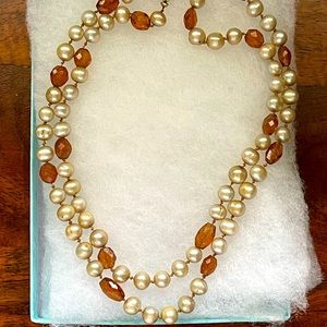 Vintage Pearl Choker Style Necklace with amber stones